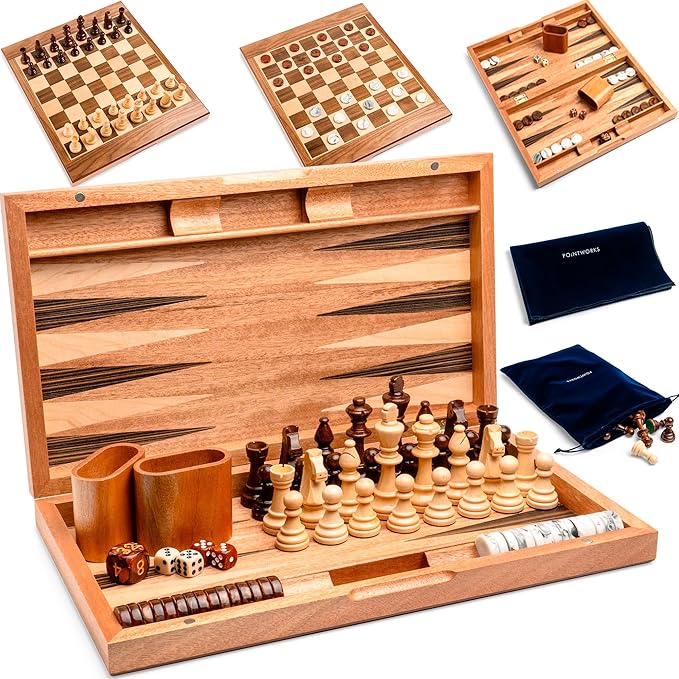 17 Inch Chess Checkers Backgammon Set for adults Wooden chess set combo portable folding two sided board multi game design maple walnut inlay with large weighted pieces acrylic checkers