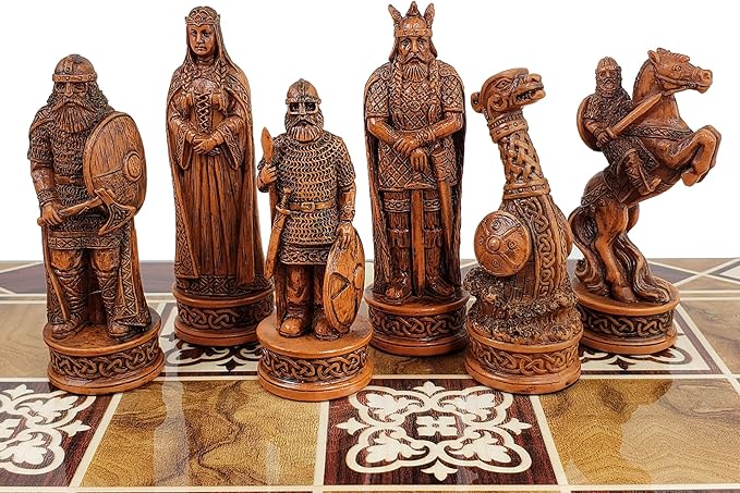 Antique Ivory &amp Brown Norse Viking Chess Set with 17 Burlwood Color Board