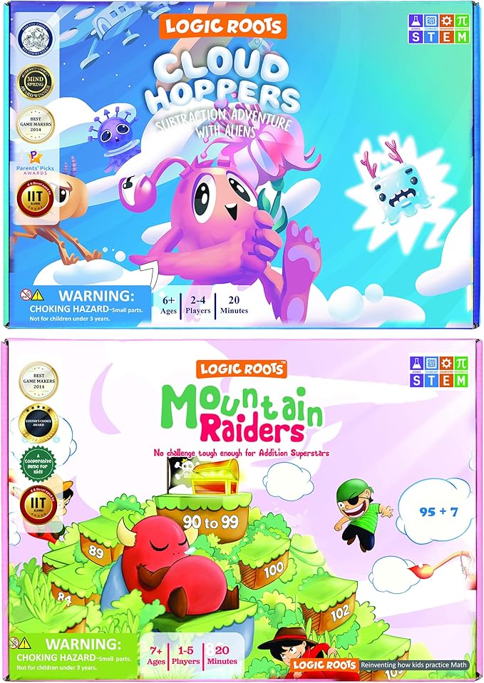 Addition and Subtraction Game - Fun Math Board Game for 6-8 Year Olds Easy to Play Educational Game for Kids at Home STEM Toy Gift for Girls &amp Boys (Cloud Hoppers + Moutain Raiders)
