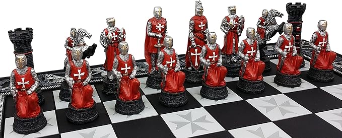 Medieval Times Crusades Red and White Armored Maltese Knights Chess Set with 17 Board