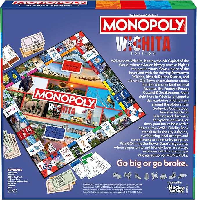 Monopoly Board Game – Wichita KS Edition: 2-6 Players Family Board Games for Kids and Adults Board Games for Kids 8 and Up Great for Game Night