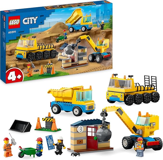Lego 60391 City Camiones de Construcción y Grúa con Bola de Demolición Excavadora de Juguete Camión Basculante y Vehículos de Transporte Set de Aprendizaje para Niños y Niñas a Partir de 4 Años