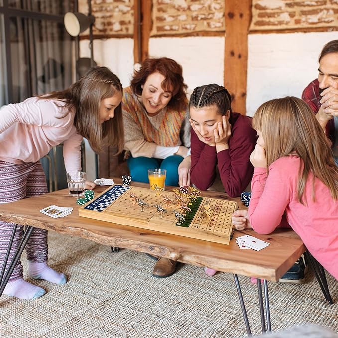 Horse Racing Board Game - 23x12 - Derby Classic Horse Race Game with 11 Metal Horses - Foldable Wood Horse Game with Dice Premium Chips &amp 2 Packs of Cards - Natural Wood