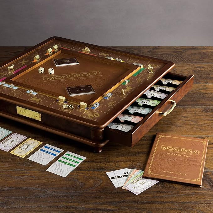 Monopoly Luxury Edition by WS Game Company Burl Wood Cabinet with Gold Foil Stamped Game Board Faux Leather Rolling Area and 2 Storage Drawers Premium Board Games for 2-6 Players