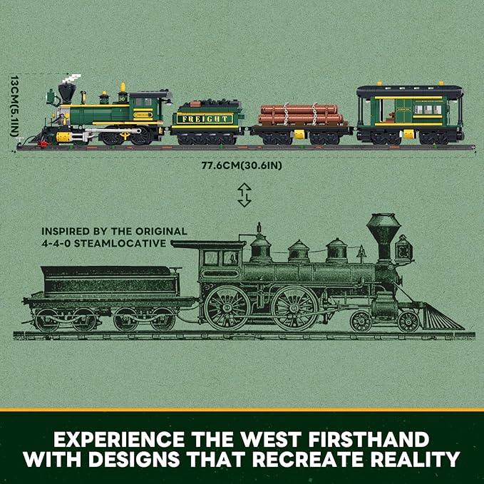 Wild West Freight Train Lighting Building-Bricks Set - Classic 4-4-0 Locomotive Model 1524 Pcs Ideas Kit for Adult and Teens