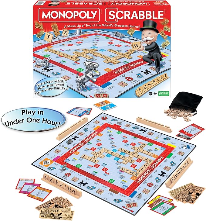 Monopoly Scrabble Game Play in Under ONE Hour Score Your Scrabble Word - Move Your Token By Winning Moves Games USA Mash-Up of 2 of the World's Greatest Games 2 to 4 Players Ages 8+ (1250)