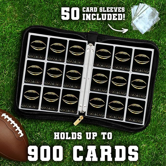 Card Binder 9-Pocket 900 Pockets (50 Sheets) Premium Zipper Binder for Football Cards Football Binders for Cards Waterproof PU Includes 50 Clear Sleeves