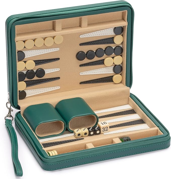 Yellow Mountain Imports Travel Size Backgammon Mini Game Set Izmir - Magnetic Checkers and 9-inch Board in Sleek Leatherette Case - Classic Strategy Board Game