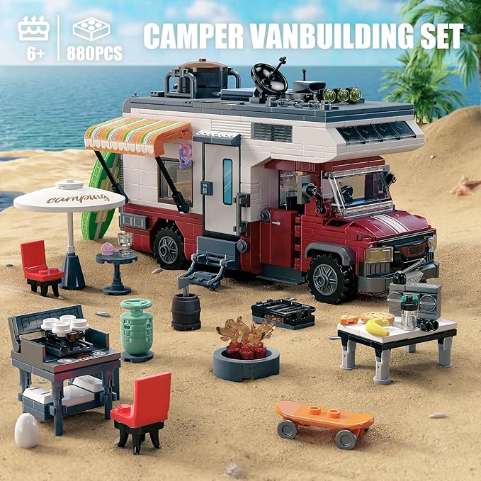 City Camper Van Building Set-Beach Camping Themed Construction Toy Kit with Mini Accessories&ampLights RV Car Model Compatible with LegosBirthday Gift for Adults and Kids 6+(880 pcs)