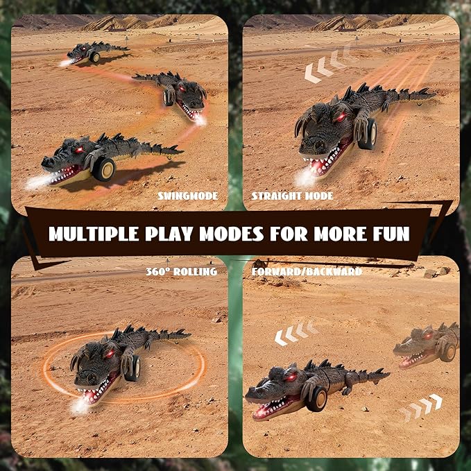 Remote Control Crocodile Car Toy2.4Ghz RC Toy Cars Boys 3-12 Year Old360°Rolling Turns &amp Slides with Lights Cool Outdoor Toys Birthday Gifts Xmas Gifts (Black)
