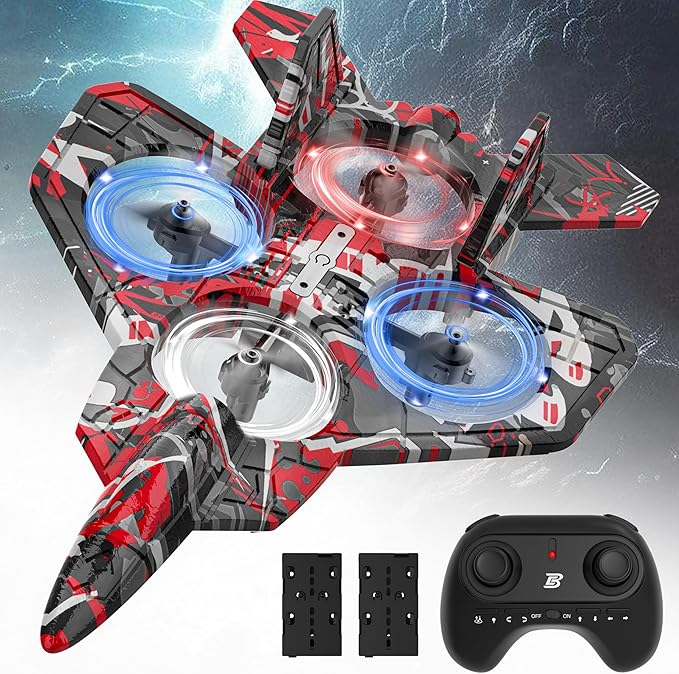 BEZGAR RC Plane Foam Remote Control Airplane Drone for Kids RC Aircraft for Boys and Girls Fighter Jet Helicopter with LED Lights Altitude Hold 360° Flip Stunt Rotation Toy Airplane Red