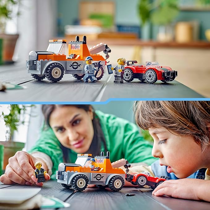 Lego City Tow Truck with Sports Car Toy Car for Boys and Girls from 4 Years Birthday Gift for Children Truck Toy with 2 Mini Figures and Accessories Such as a Cochlear Implant 60435
