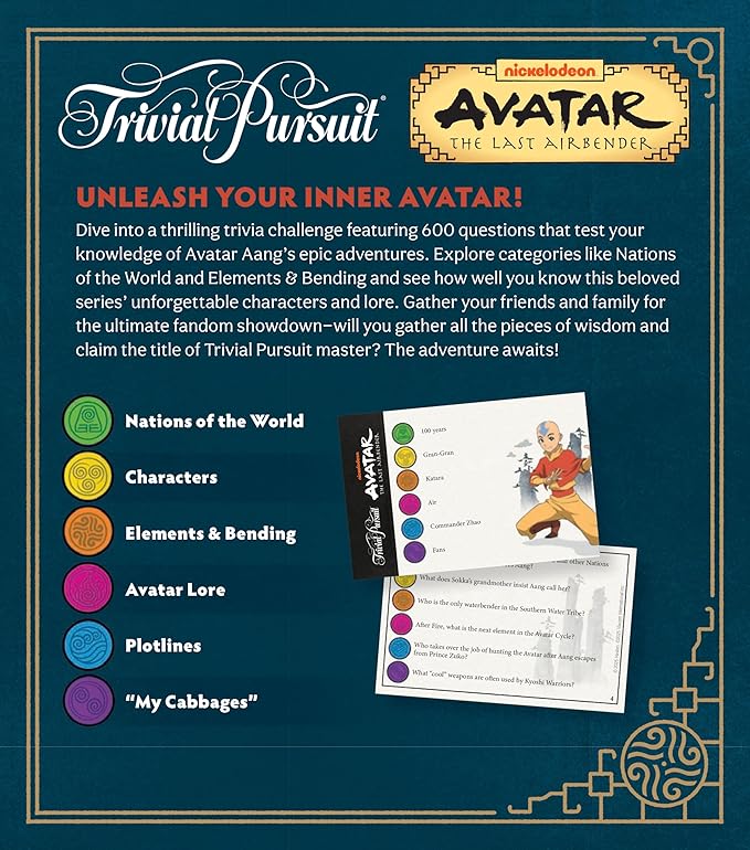 Trivial Pursuit: Avatar The Last Airbender Quick Play Edition Trivia Board Game Test Your Knowledge of Avatar Lore with 600 Questions in 6 Categories Officially Licensed Nickelodeon Merchandise