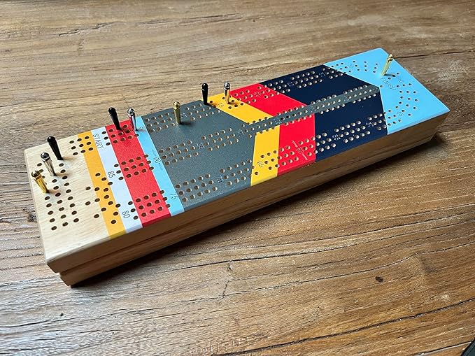Canoe Cribbage Board Game Set Camp Nautical Print Continuous 3 Track Travel Cribbage Boards Unique Wooden Board Games for Adults 9 Metal Cribbage Pegs 12 Inches