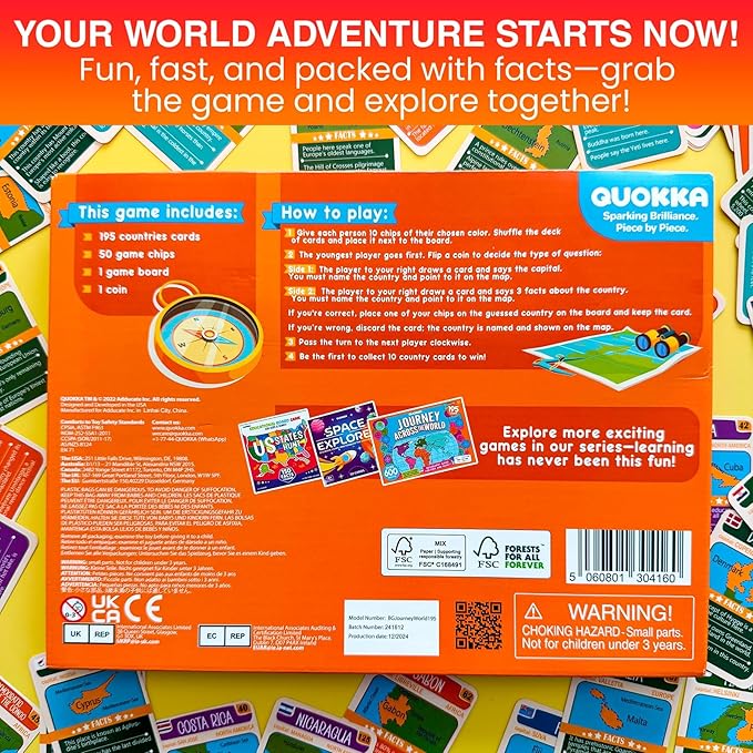 QUOKKA Board Games for Kids 8-12 - Family Games for Kids and Adults - Journey Across the World Card Game Ages 5-9 - Learn Capitals Flags Facts and Map Locations with 195 World Map Cards