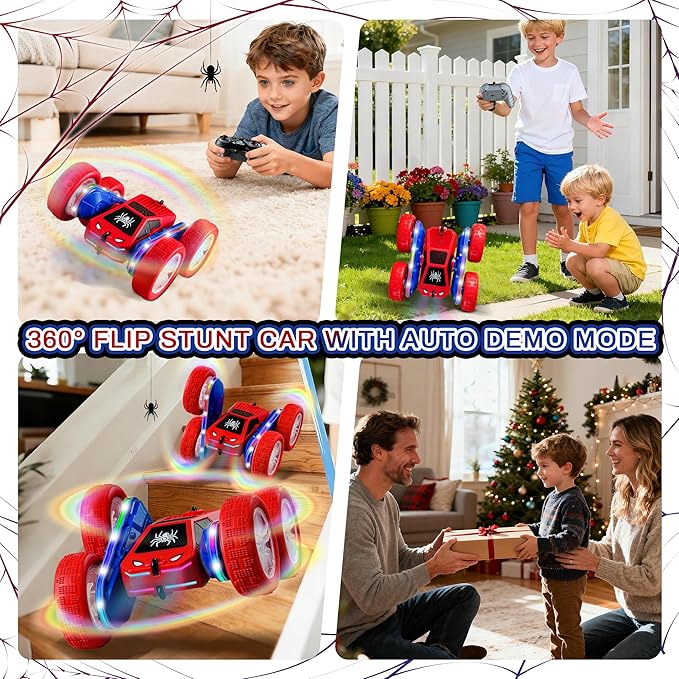 Spider Remote Control Car 4WD 360° Flips RC Stunt Car Toys Cyber-Inspired Double-Sided Drift Rc Cars with LED Lights 2 Rechargeable Charge Battery Modules Toys and Gift for Boys Age 3-12
