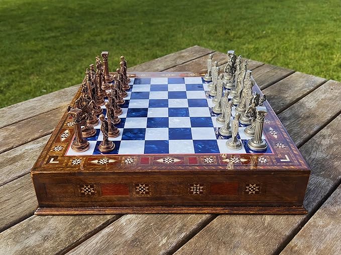 15” Handmade Wooden Storage Chess Set – Handmade Wooden Chess Board with Metal Pieces – Luxury Chess Gift for Adults Decorative &amp Collectible (Blue)