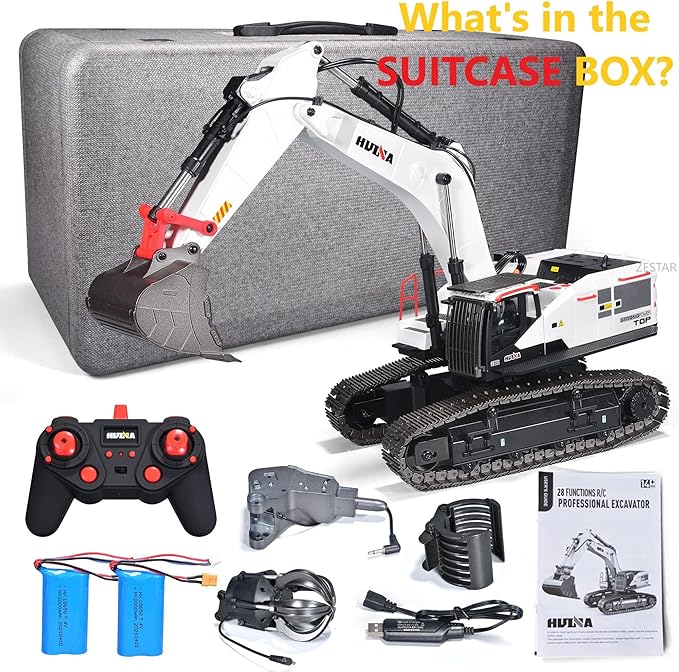 HUINA 1594 Metal RC 1:14 Excavator 28 Channel Digger Construction Vehicle Hobby Outdoor Gift Remote Control Tractor Crawler Toy Lights Sounds 4 attachments and 2 Rechargeable Batteries - 2026 Model