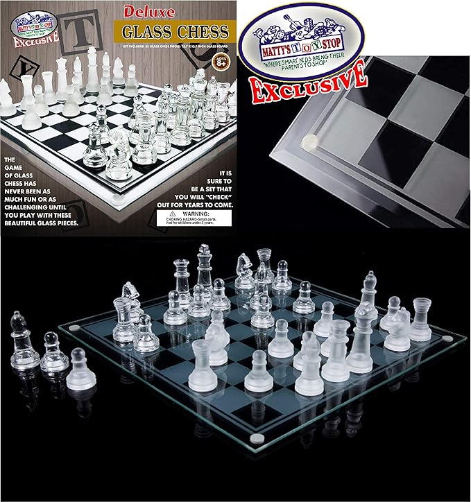 Matty's Toy Stop Deluxe Frosted &amp Clear Glass Chess Set (14) Large