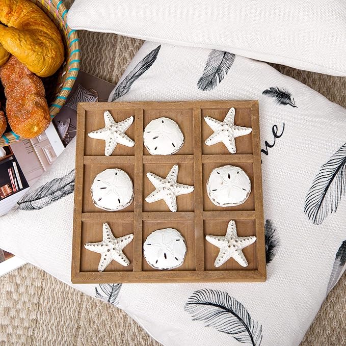 NIKKY HOME Beach Tic Tac Toe for Fun Starfish Sand Dollar Coastal House Coffee Table Decor Wood Board Travel Game 8.97 by 8.97-in Distressed White
