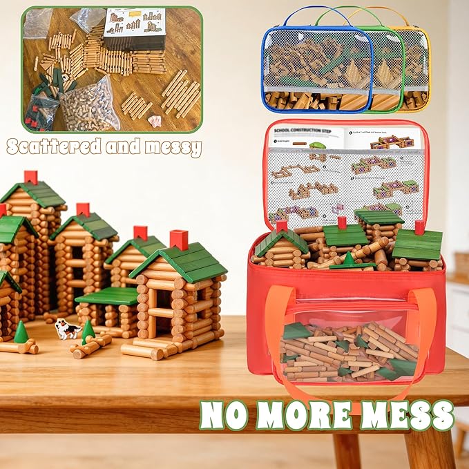 4 Pack Wooden Building Blocks Storage Bags Compatible with Wondertoys 530 Pcs Wooden Logs Set Toy Organizer with Clear PVC Window Mesh Pocket &amp Handles for Wooden Logs Blocks &amp Accessories