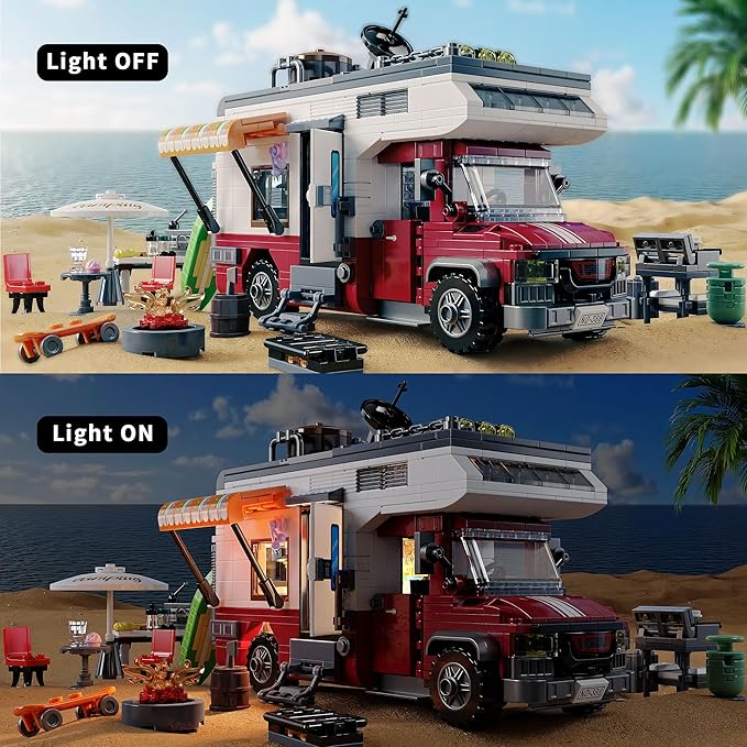 City Camper Van Building Set-Beach Camping Themed Construction Toy Kit with Mini Accessories&ampLights RV Car Model Compatible with LegosBirthday Gift for Adults and Kids 6+(880 pcs)