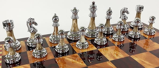 Staunton Chrome &amp Black Chrome Chess Men Set W 18 Gloss Cherry Color Board