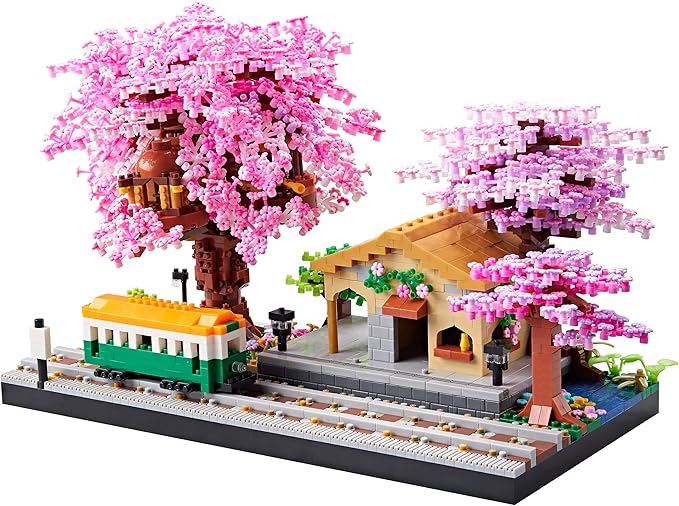 Japanese Cherry Blossom Train Station Micro Building Blocks Set - Creative Mini Bricks Model Kit for Adults (3668 PCS) with Figures