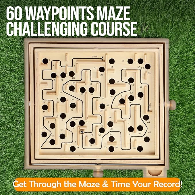 STERLING Wooden Labyrinth Marble Maze Game Large 12.75 x 11.5 Tilt Maze Game Board with 60 Waypoints and Marble Balls Included for Kids and Adults 6 Years and Up