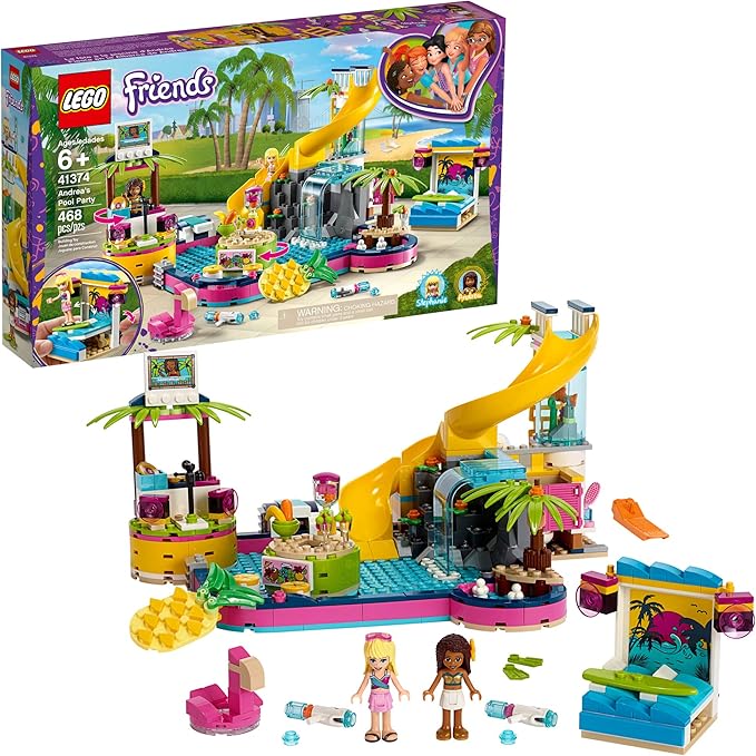 LEGO Friends Andrea's Pool Party 41374 Toy Pool Building Set with Andrea and Stephanie Mini Dolls for Pretend Play Includes Toy Juice Bar and Wave Machine (468 Pieces)