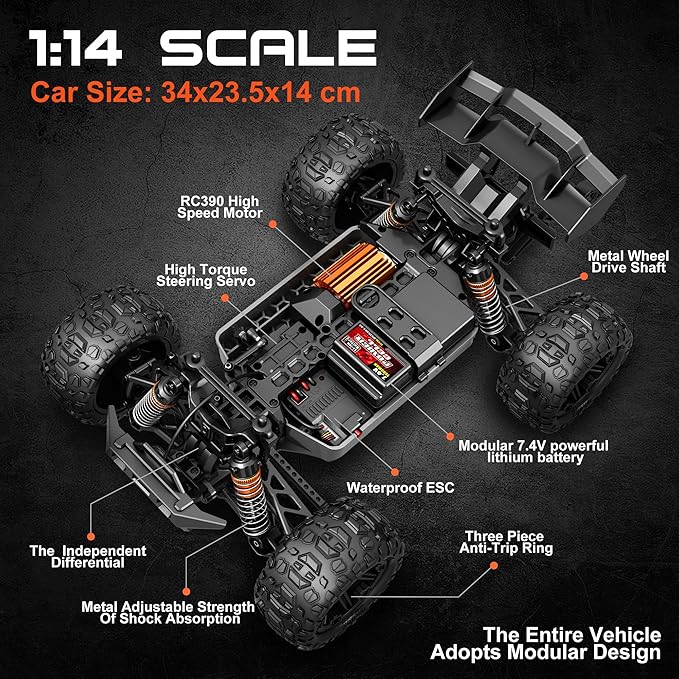 1:14 Scale All Terrain RC Cars for Adults &amp Boys (HS14323) Max Fast 40+ KPH 4WD Off-Road RC Truck for Snow &amp Sand &amp Mud 4X4 Waterproof Remote Control Car with 2 Rechargeable Batteries
