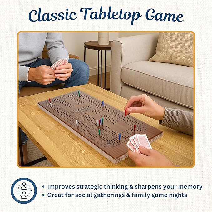 WE Games Large Wooden Cribbage Board Game Set 16.5 in Walnut Stain Cribbage Board 4 Track Coffee Table Décor for Adults Gift for Families