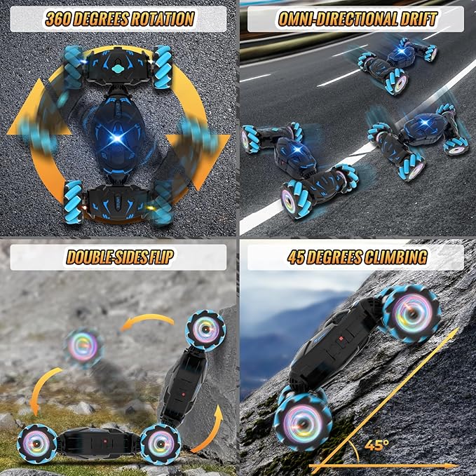Pristar RC Cars Gesture Sensing Stunt Car Best Gifts for Boys 6-12 2.4Ghz Remote Control Car Toys for Boys Age 6 7 8 9 10 11 12 Double Sided Flip 360° Rotate 4WD Off-Road with Spray Lights Music