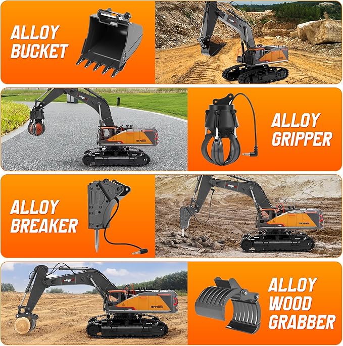 kolegend 1:14 RC Excavator 25 Channel 4 in 1 Construction ToysRemote Control Vehicles Tractor Sandbox Toys Diggerwith Metal BucketDrill BitGripper &amp Wood Gripper RC Truck