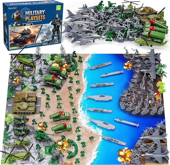 Army Men Playset – 117 Pcs Military Toy Soldiers Set with Action Figures Battle Mat Tanks Helicopter Submarine &amp Weapon Gear – Army Toys for Boys Ages 4-12 Great Gift for Kids