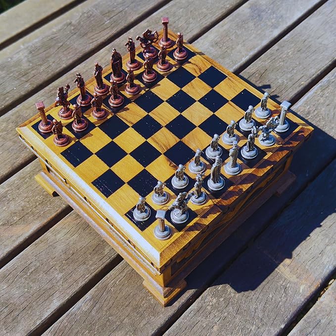 Wooden Chess Set with Storage – Handcrafted Chess Board and British Figure Metal Chess Pieces – Decorative Chess Game for Adults &amp Kids – Premium Gift for Family &amp Friends (Copper Chess Pieces