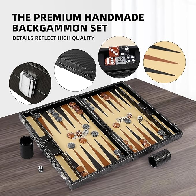 Backgammon Sets for Adults 15 Inch Backgammon Board Game Premium Carbon Fiber PU Leather Backgammon Set with Checkers &amp Dices Large Black Travel Backgammon