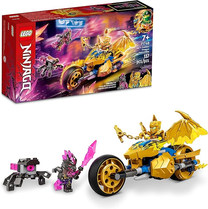 LEGO NINJAGO Jay's Golden Dragon Set 71768 Toy Motorcycle with Dragon Spider Figure and Jay Minifigure Birthday Gift Idea for Kids 7 Plus