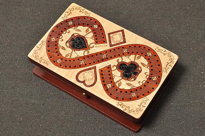 PALM ROYAL HANDICRAFTS 2 Track Cribbage Board Game Set with Magnetic Pull Drawer Playing Cards - Storage Available - Metal Pegs Travel Portable Cribbage Game Sets for Family. (Size - 6.5 x 4)