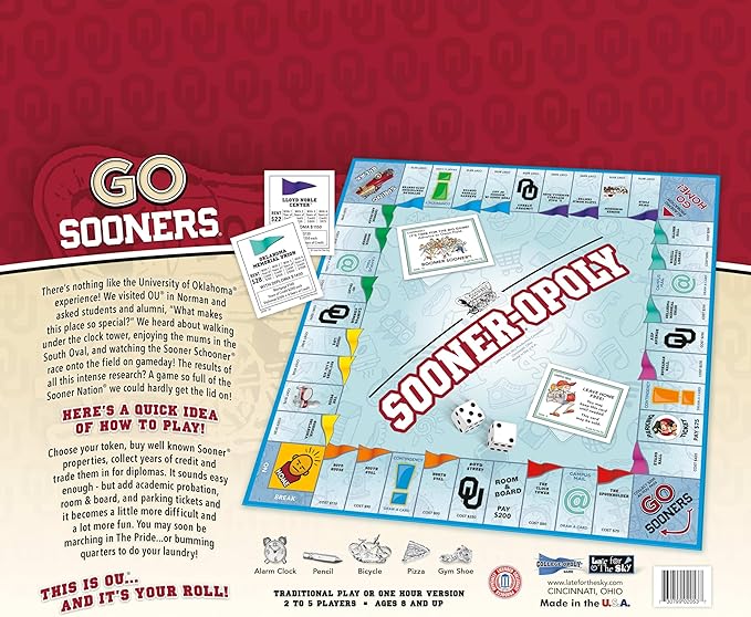 Late for The Sky University of Oklahoma Sooneropoly Board Game – Campus Edition Family Property Trading for 2–6 Players Alumni Students and Fans