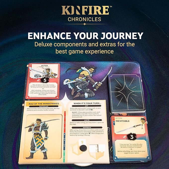 Kinfire Chronicles: Upgrade Kit Deluxe Accessory Pack with Metal Tokens Acrylic Standees Neoprene Mats Custom Sleeves Alternate Seeker Skins &amp DIY Quest Ages 14+(Not Standalone Needs Base G