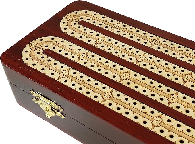 12 1/2 2 Track Continuous Cribbage Board W/Card Storage Maple Tracks on Bloodwood Corner &amp Games Won