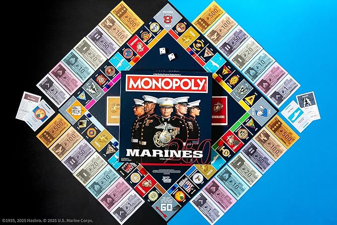 Monopoly: Marines 250th Anniversary Edition Celebrate 250 Years Buy Bases Worldwide and Upgrade with Tents &amp Barracks Play as Tokens: Combat Boots Bulldog &amp More Officially Licensed Merc