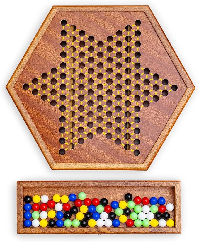 Wooden Chinese Checkers Game Set with Storage Drawer 12.6 inches - Includes 60 Colorful Acrylic Chess Pieces (6 Colors) - Classic Strategy Board Game