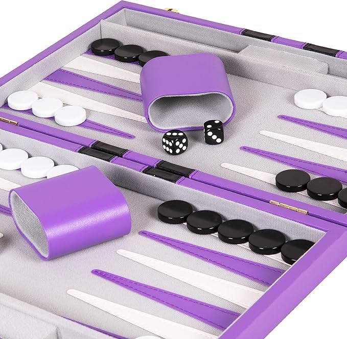 Premium Backgammon 15 Inches Medium Purple - Backgammon Sets for Adults and Kids - Leatherette Back Gammon Board Game Set - Travel Backgammon Set Board Encased with Accessories