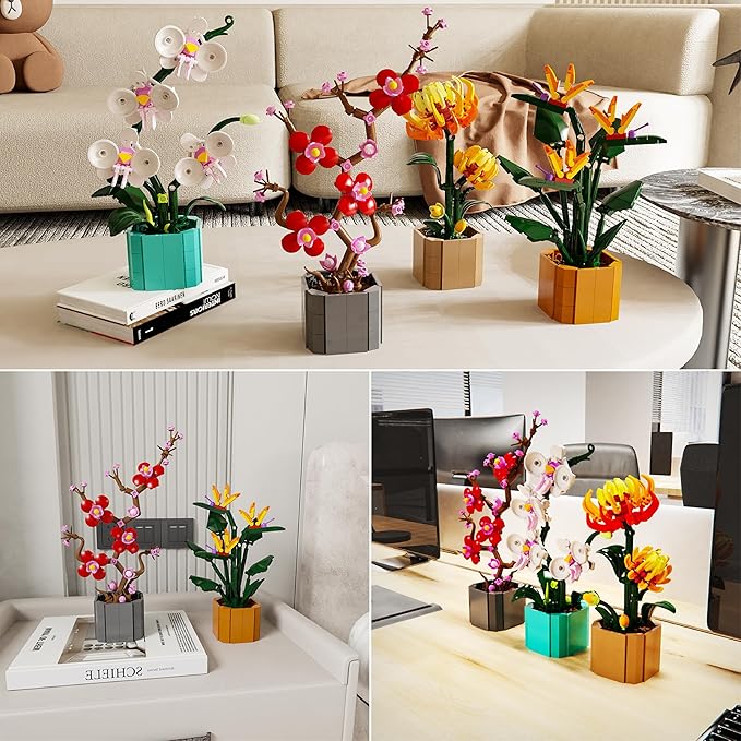 Flower Bouquet Building Blocks 4 Set Artificial Flowers Toys Botanical Collection DIY Unique Home&ampOffice Bonsai Decoration Adults Teen Girls for Birthday