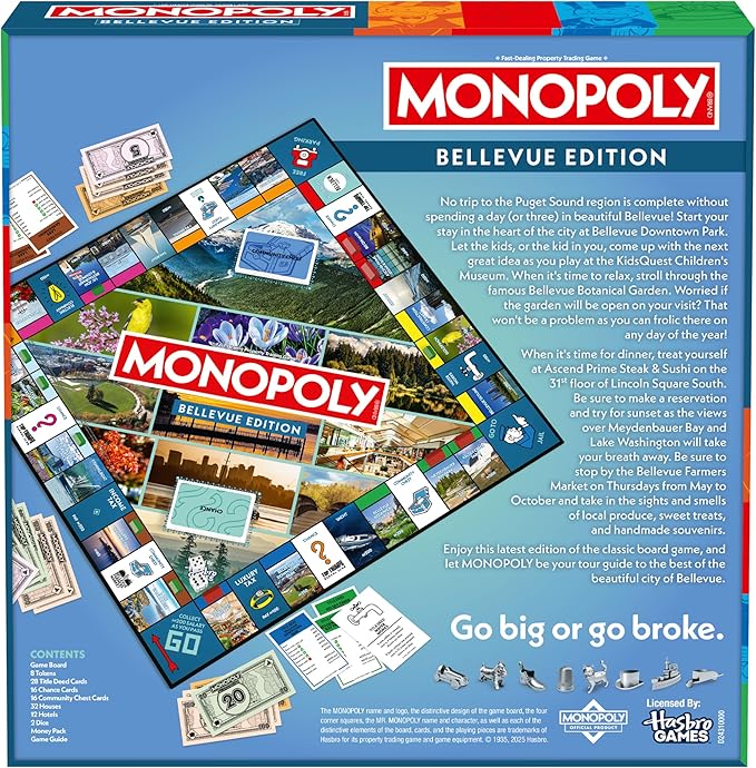Monopoly Board Game – Bellevue WA Edition: 2-6 Players Family Board Games for Kids and Adults Board Games for Kids 8 and Up Great for Game Night