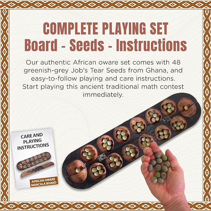 Africa Heartwood Project African Oware Mancala Board - Extended Size Hand-Carved Solid Wood with Elephant Design Wooden Folding Mancala 21 Board 48 Grey Green Tear Seeds and Playing Instructions