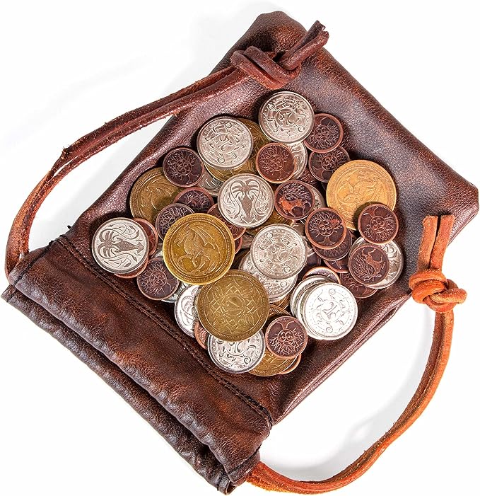 The Dragon's Hoard: 60 Real Metal Fantasy Coins with Leather Pouch | Board Game Accessory for Tabletop RPG Role-Play Strategy Games | Bronze Silver and Gold Colored Coins