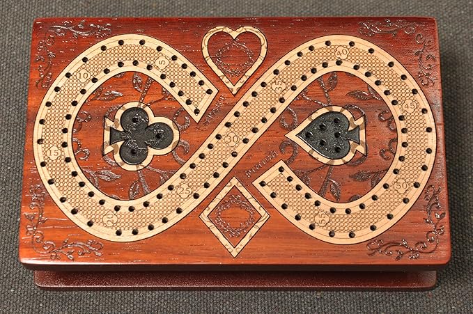 PALM ROYAL HANDICRAFTS 2 Track Cribbage Board Game Set with Magnetic Pull Drawer Playing Cards - Metal Pegs - Storage Available Travel Portable Cribbage Game Sets for Family. (Size - 6.5 x 4).